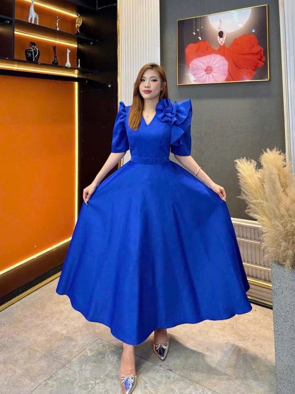 Filipiniana Bold Cobalt Midi Dress w/ Statement Puff Sleeves Fits Small to Large
